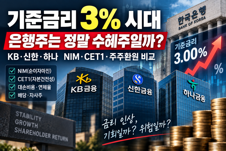 기준금리 3% 시대, 은행주는 정말 금리 인상의 수혜주일까? KB·신한·하나 NIM·CET1·주주환원 비교