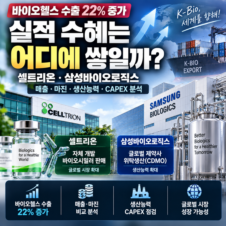 바이오헬스 수출 22% 증가, 실적 수혜는 어디에 쌓일까? 셀트리온·삼성바이오로직스 매출·마진·CAPEX 분석